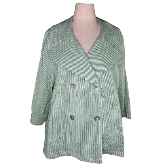 LAL Live a Little Green White Striped Double Breasted Cotton Jacket Women’s 2X - Picture 1 of 6